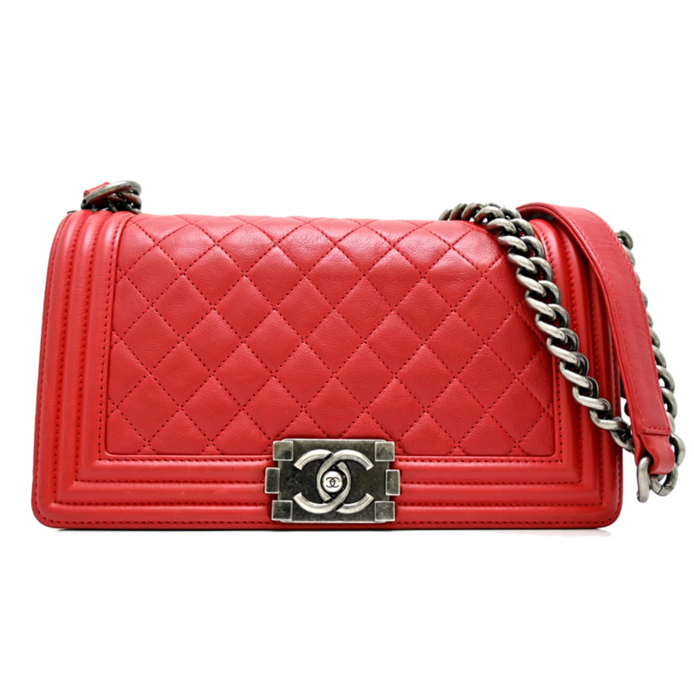 Chanel Boy 25 Chain Shoulder Bag, Embossed, Silver Hardware, Women's A67086, ...